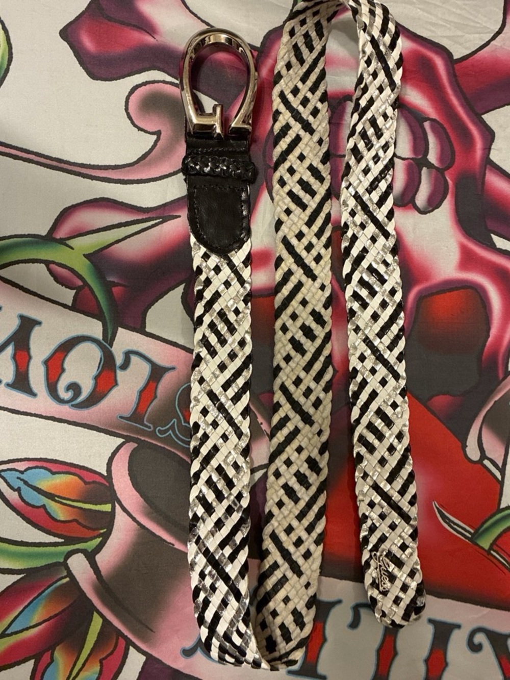 Guess Braided Leather Belt in Black and White - women’s Accessory